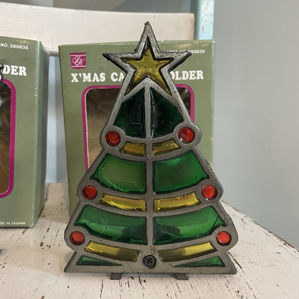VTG  Stained Glass Christmas Votive Candle‎ Holders Cast Iron Rocking Horse Tree - Picture 2 of 8